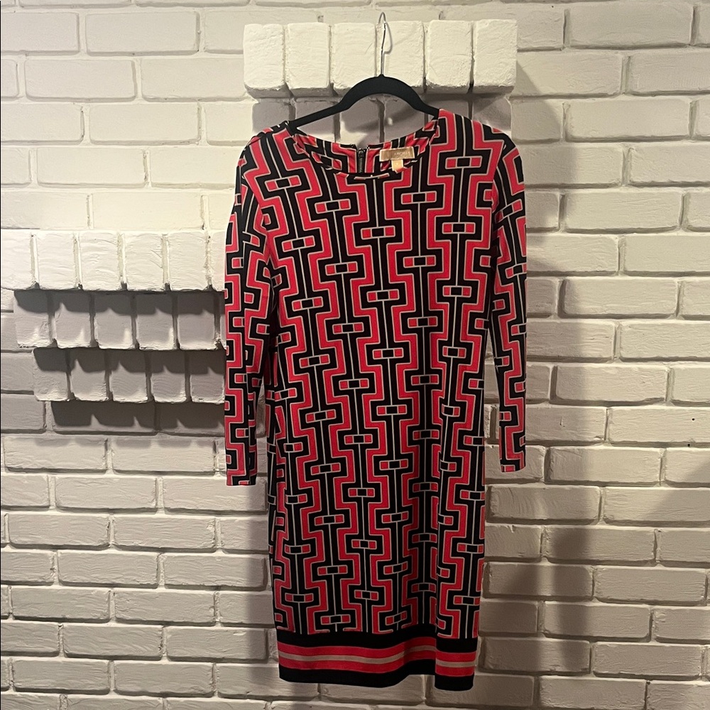 Michael Kors Black and Red Geometric Long Sleeve Dress